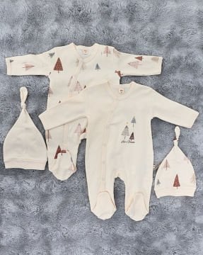2'li Bebek Tulum Seti / &100 Pamuk / 2 Adet Şapka Hediye / Bej Ağaç Desen