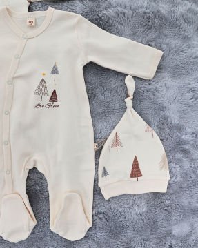 2'li Bebek Tulum Seti / &100 Pamuk / 2 Adet Şapka Hediye / Bej Ağaç Desen