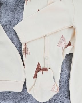 2'li Bebek Tulum Seti / &100 Pamuk / 2 Adet Şapka Hediye / Bej Ağaç Desen