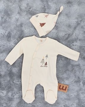 2'li Bebek Tulum Seti / &100 Pamuk / 2 Adet Şapka Hediye / Bej Ağaç Desen
