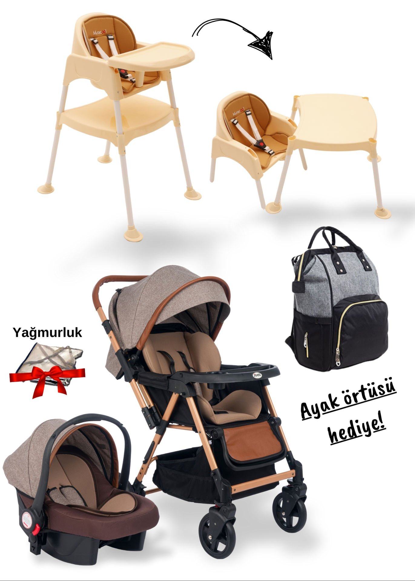 5'li Set - Joell Trendy Bebek Arabası / Puset / Ana Kucağı / Çanta / Ayak Örtüsü / Yağmurluk Hediye(Kopya)
