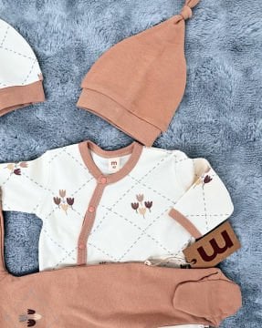 Yenidoğan 2'li Bebek Tulum Seti / &100 Pamuk / 2 Adet Şapka Hediye / Çiçekli