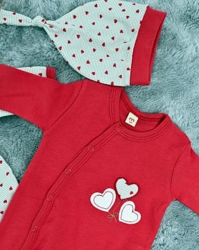 Yenidoğan 2'li Bebek Tulum Seti / &100 Pamuk / 2 Adet Şapka Hediye / Kırmızı-Kalpli