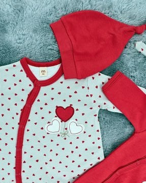 Yenidoğan 2'li Bebek Tulum Seti / &100 Pamuk / 2 Adet Şapka Hediye / Kırmızı-Kalpli