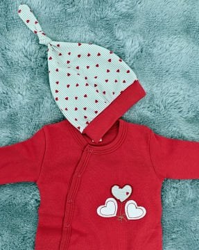 Yenidoğan 2'li Bebek Tulum Seti / &100 Pamuk / 2 Adet Şapka Hediye / Kırmızı-Kalpli