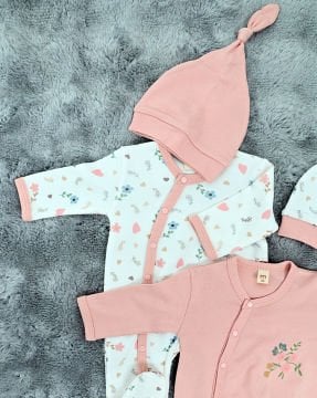 Yenidoğan 2'li Bebek Tulum Seti / &100 Pamuk / 2 Adet Şapka Hediye / Pembe Çiçekli