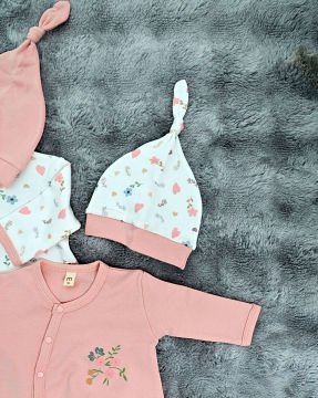 Yenidoğan 2'li Bebek Tulum Seti / &100 Pamuk / 2 Adet Şapka Hediye / Pembe Çiçekli