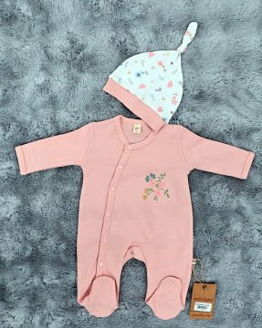 Yenidoğan 2'li Bebek Tulum Seti / &100 Pamuk / 2 Adet Şapka Hediye / Pembe Çiçekli