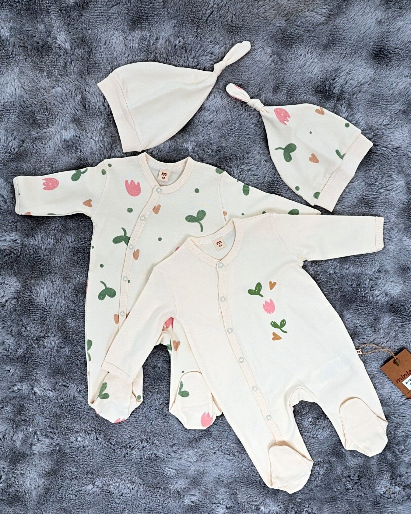 Yenidoğan 2'li Bebek Tulum Seti / &100 Pamuk / 2 Adet Şapka Hediye / Ekru