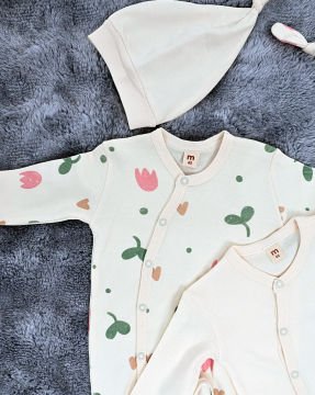Yenidoğan 2'li Bebek Tulum Seti / &100 Pamuk / 2 Adet Şapka Hediye / Ekru