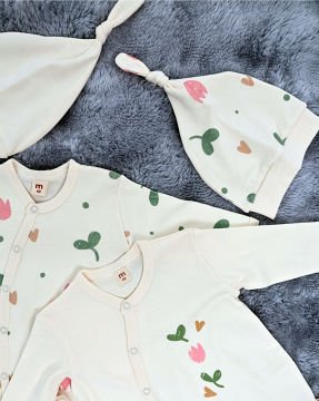 Yenidoğan 2'li Bebek Tulum Seti / &100 Pamuk / 2 Adet Şapka Hediye / Ekru