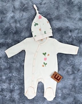 Yenidoğan 2'li Bebek Tulum Seti / &100 Pamuk / 2 Adet Şapka Hediye / Ekru