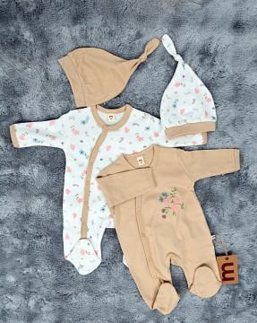 Yenidoğan 2'li Bebek Tulum Seti / &100 Pamuk / 2 Adet Şapka Hediye / Bej-Çiçekli
