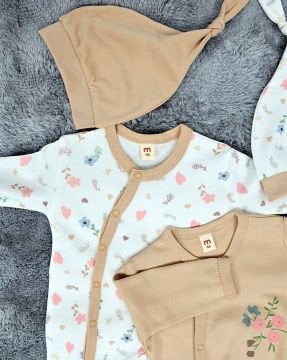 Yenidoğan 2'li Bebek Tulum Seti / &100 Pamuk / 2 Adet Şapka Hediye / Bej-Çiçekli