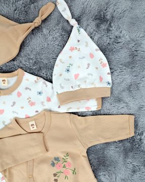 Yenidoğan 2'li Bebek Tulum Seti / &100 Pamuk / 2 Adet Şapka Hediye / Bej-Çiçekli