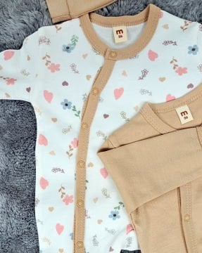 Yenidoğan 2'li Bebek Tulum Seti / &100 Pamuk / 2 Adet Şapka Hediye / Bej-Çiçekli