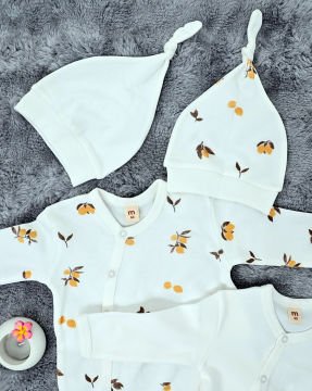 Yenidoğan 2'li Bebek Tulum Seti / &100 Pamuk / 2 Adet Şapka Hediye / Beyaz-Limon