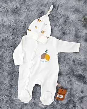 Yenidoğan 2'li Bebek Tulum Seti / &100 Pamuk / 2 Adet Şapka Hediye / Beyaz-Limon