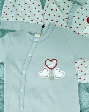 Yenidoğan 2'li Bebek Tulum Seti / &100 Pamuk / 2 Adet Şapka Hediye / Gri-Kalpli