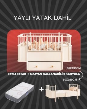 Dünya Beşik / Uzayan Karyola / Sallanabilir / Çekmeceli / Bambo Yaylı Yatak Dahil