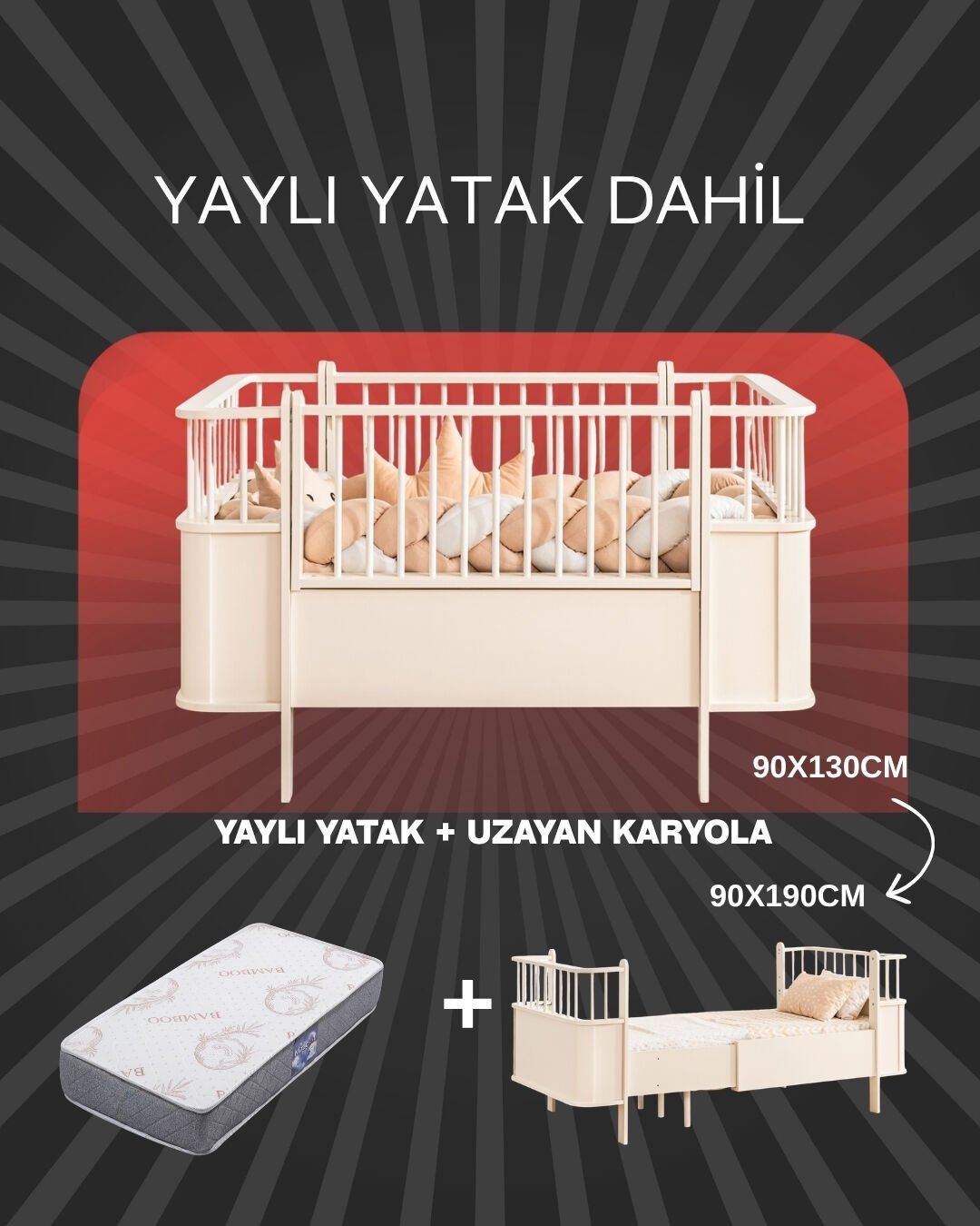 Riva Beşik / Uzayan Karyola / Bambo Yaylı Yatak Dahil / Krem