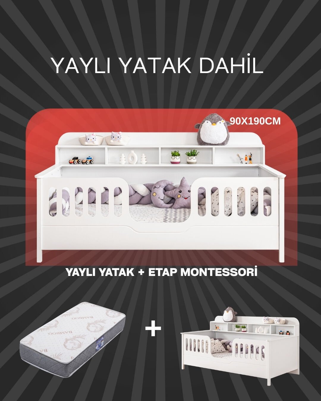 Etap Kitaplıklık Montessori Karyola / Bambo Yaylı Yatak Dahil