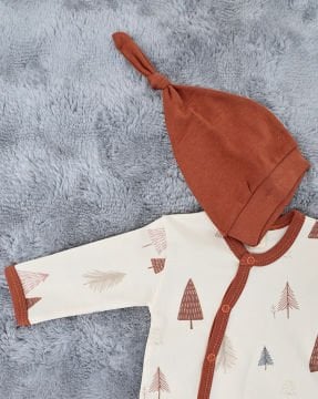 Yenidoğan Bebek Tulum / %100 Pamuk / Çıtçıtlı / Bej-Ağaç Desen