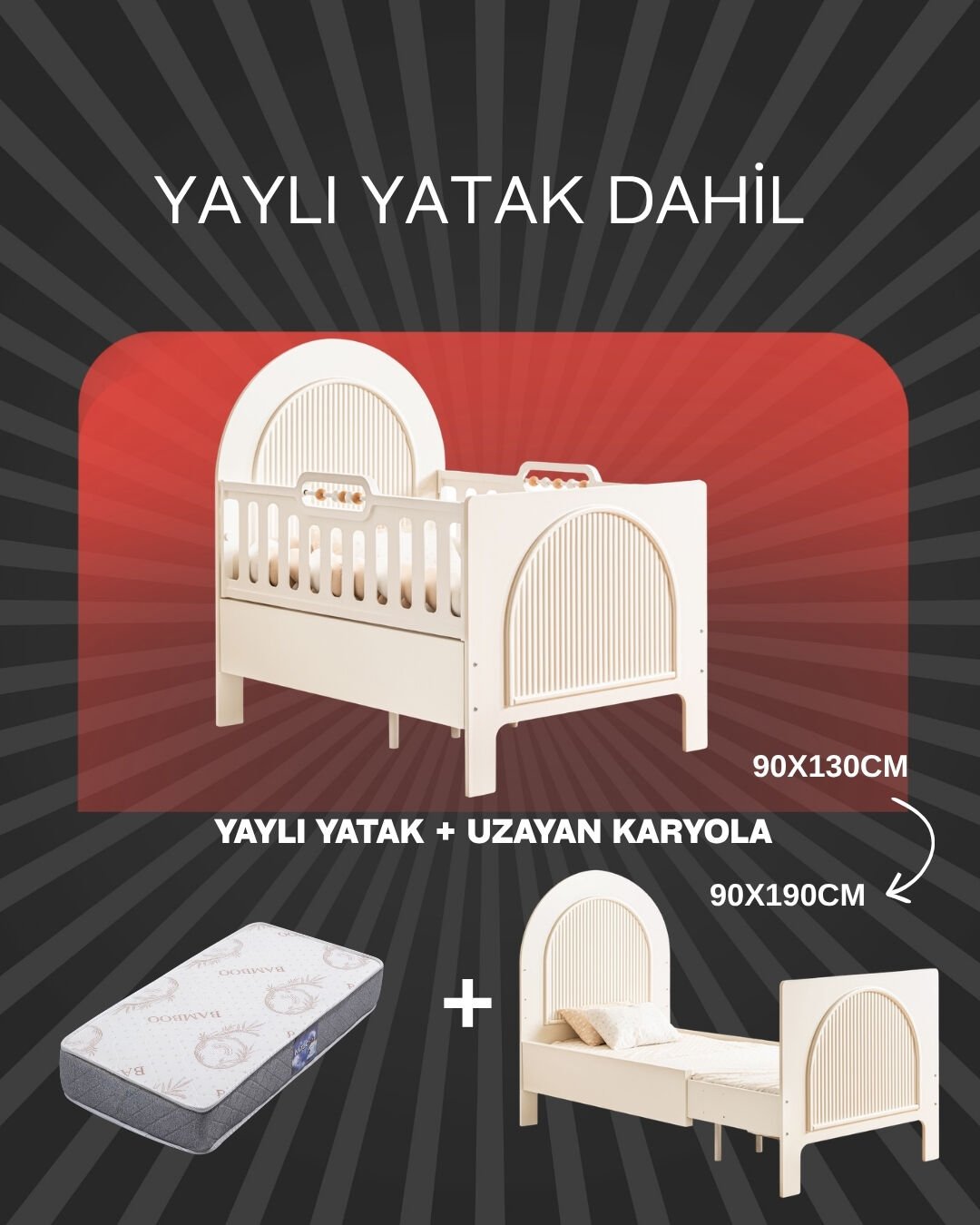 Tesla Beşik / Uzayan Karyola / Bambo Yaylı Yatak Dahil / Krem