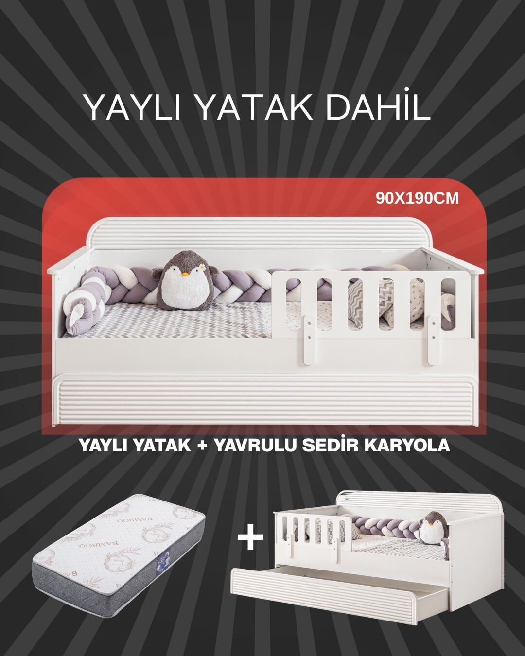 Vizyon Yavrulu Sedir Karyola / Bambo Yaylı Yatak Dahil / Beyaz