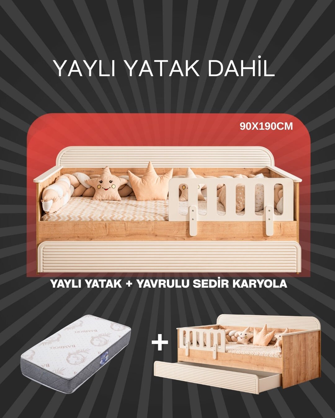 Vizyon Yavrulu Sedir Karyola / Bambo Yaylı Yatak Dahil / Meşe-Krem