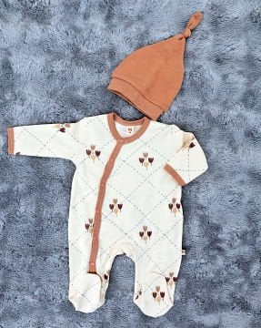 Yenidoğan Bebek Tulum / %100 Pamuk / Çıtçıtlı / Ekru Çiçekli