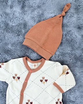 Yenidoğan Bebek Tulum / %100 Pamuk / Çıtçıtlı / Ekru Çiçekli