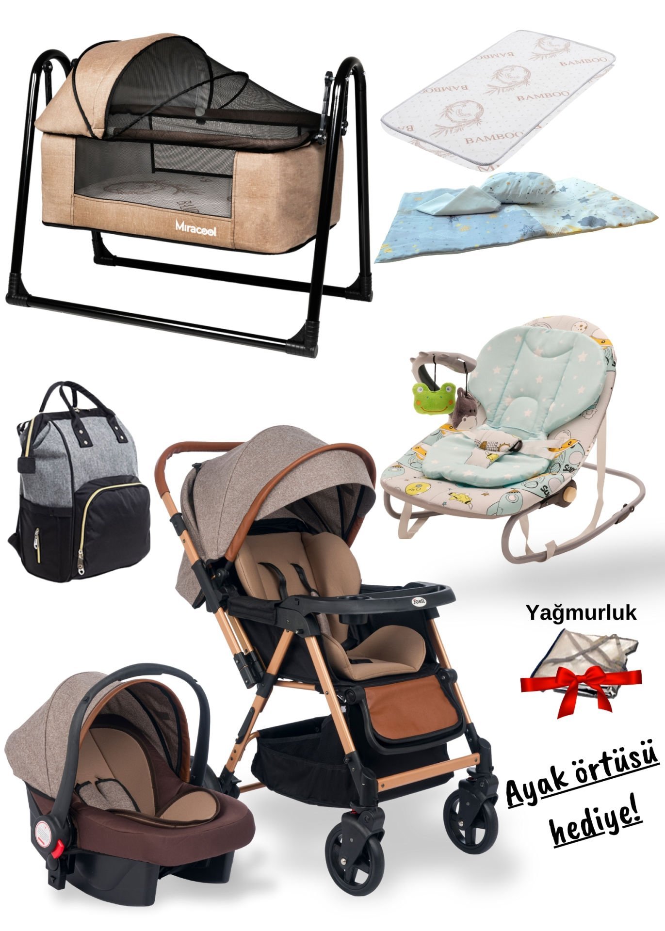 10 Parça Bebek Seti / Joell Trendy Bebek Arabası / Puset / Beşik / Yatak / Uyku Seti / Ayak Örtüsü ve Yağmurluk Hediye!