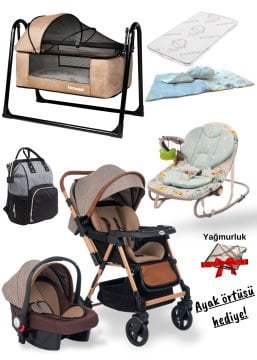10 Parça Bebek Seti / Joell Trendy Bebek Arabası / Puset / Beşik / Yatak / Uyku Seti / Ayak Örtüsü ve Yağmurluk Hediye!