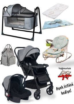 10 Parça Bebek Seti / Joell Trendy Bebek Arabası / Puset / Beşik / Yatak / Uyku Seti / Ayak Örtüsü ve Yağmurluk Hediye!