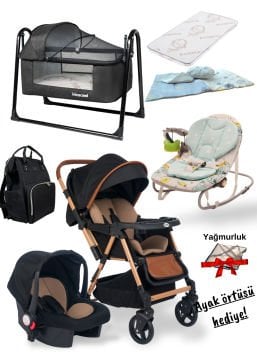 10 Parça Bebek Seti / Joell Trendy Bebek Arabası / Puset / Beşik / Yatak / Uyku Seti / Ayak Örtüsü ve Yağmurluk Hediye!
