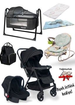 10 Parça Bebek Seti / Joell Trendy Bebek Arabası / Puset / Beşik / Yatak / Uyku Seti / Ayak Örtüsü ve Yağmurluk Hediye!