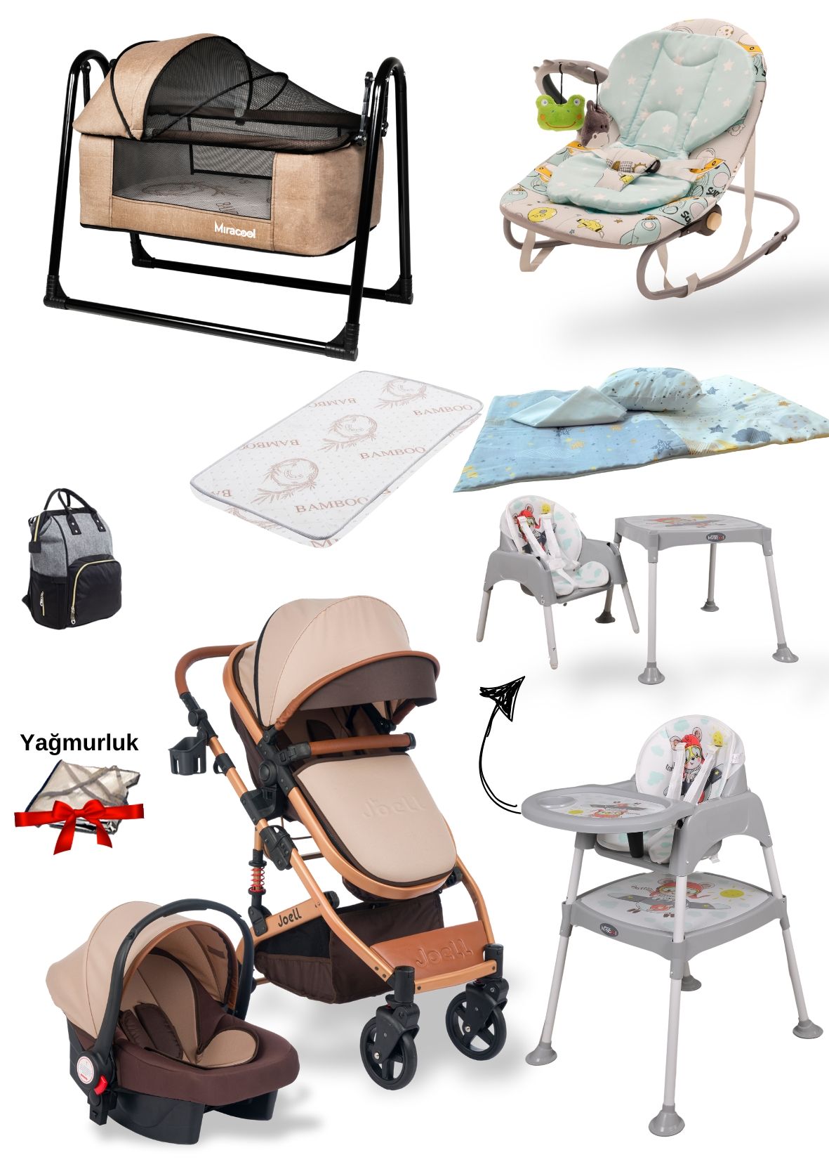 Joell 12'li Bebek Seti/Travel Bebek Arabası/Puset/Beşik/Ana Kucağı/Mama Sandalyesi/Çanta/Mama Sandalyesi