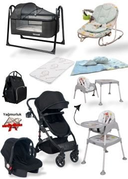 Joell 12'li Bebek Seti/Travel Bebek Arabası/Puset/Beşik/Ana Kucağı/Mama Sandalyesi/Çanta/Mama Sandalyesi