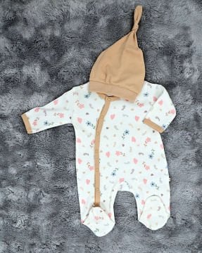 Kız Bebek Yenidoğan Tulum / Şapka Hediye / %100 Pamuk / Çıtçıtlı Tulum / Beyaz Çiçekli