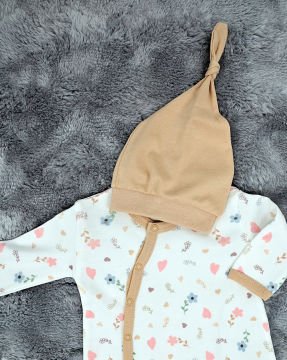 Kız Bebek Yenidoğan Tulum / Şapka Hediye / %100 Pamuk / Çıtçıtlı Tulum / Beyaz Çiçekli
