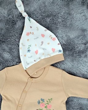 Kız Bebek Yenidoğan Tulum / Şapka Hediye / %100 Pamuk / Çıtçıtlı Tulum / Bej Çiçekli