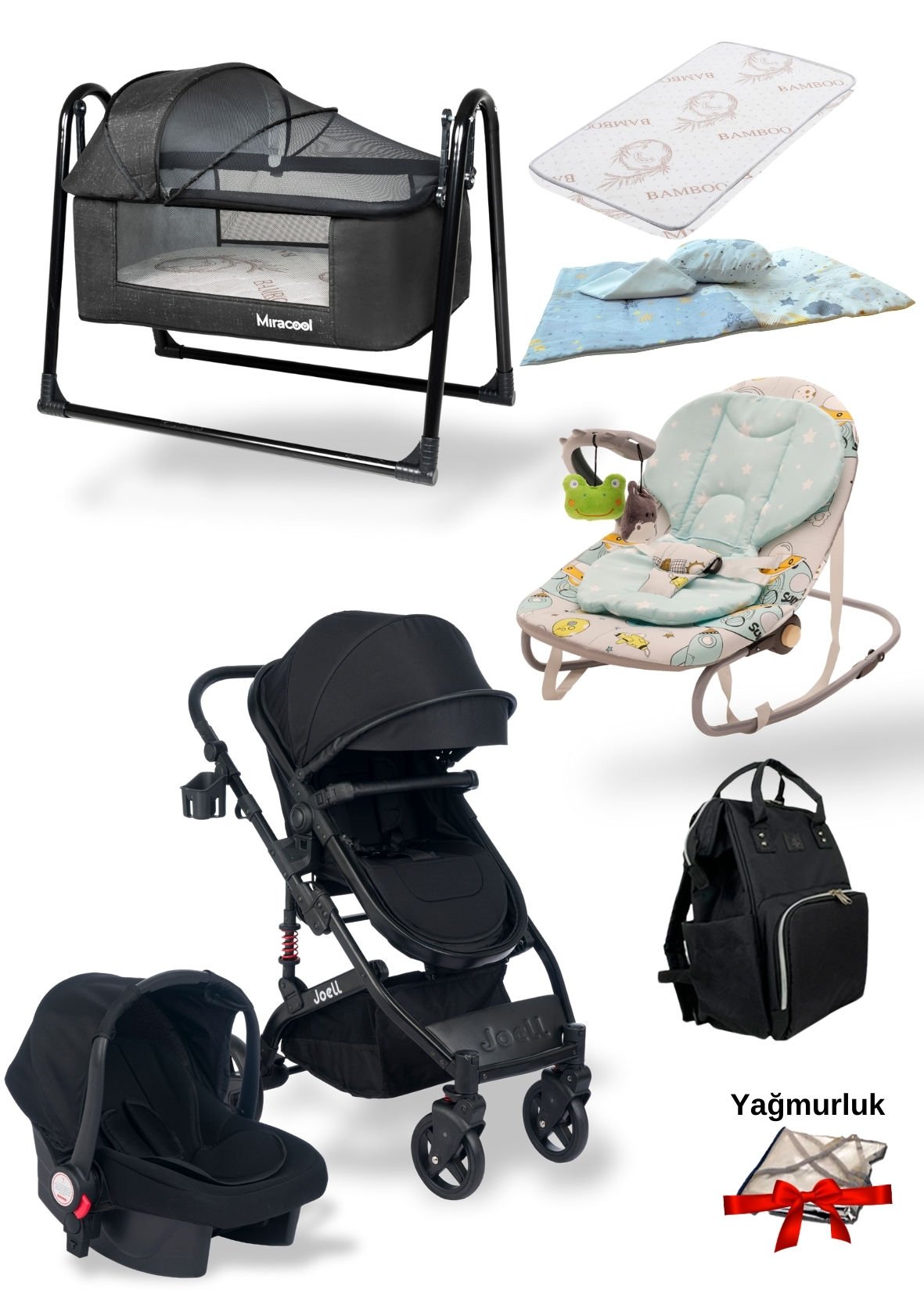 Joell 10'lu Unisex Bebek Seti/Joell Travel Bebek Arabası/Puset/Beşik/Ana Kucağı/Mama Sandalyesi/Çanta