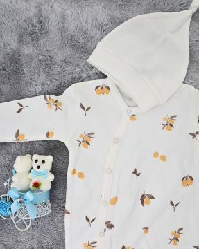 Kız Bebek Yenidoğan Tulum / Şapka Hediye / %100 Pamuk / Çıtçıtlı Tulum / Beyaz Limon