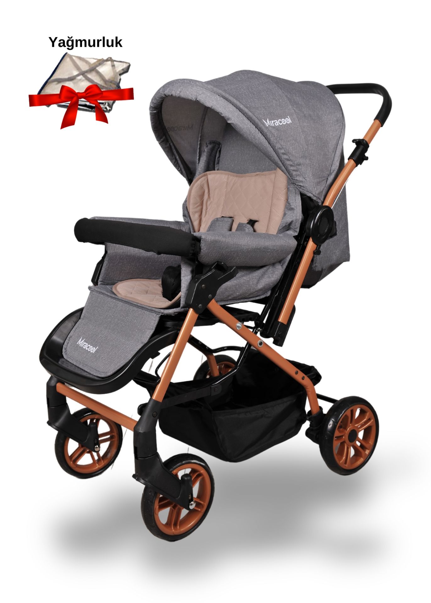 Miracool Olympus Çift Yönlü Bebek Arabası / Yağmurluk Hediye gold gri