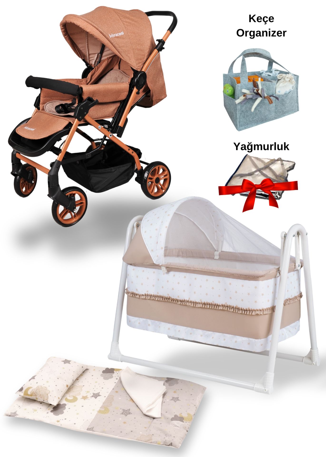 7'li Bebek Seti / Olympus Bebek Arabası / Star Beşik / Keçe Organizer/Yastık/Yorgan/Çarşaf/Yağmurluk