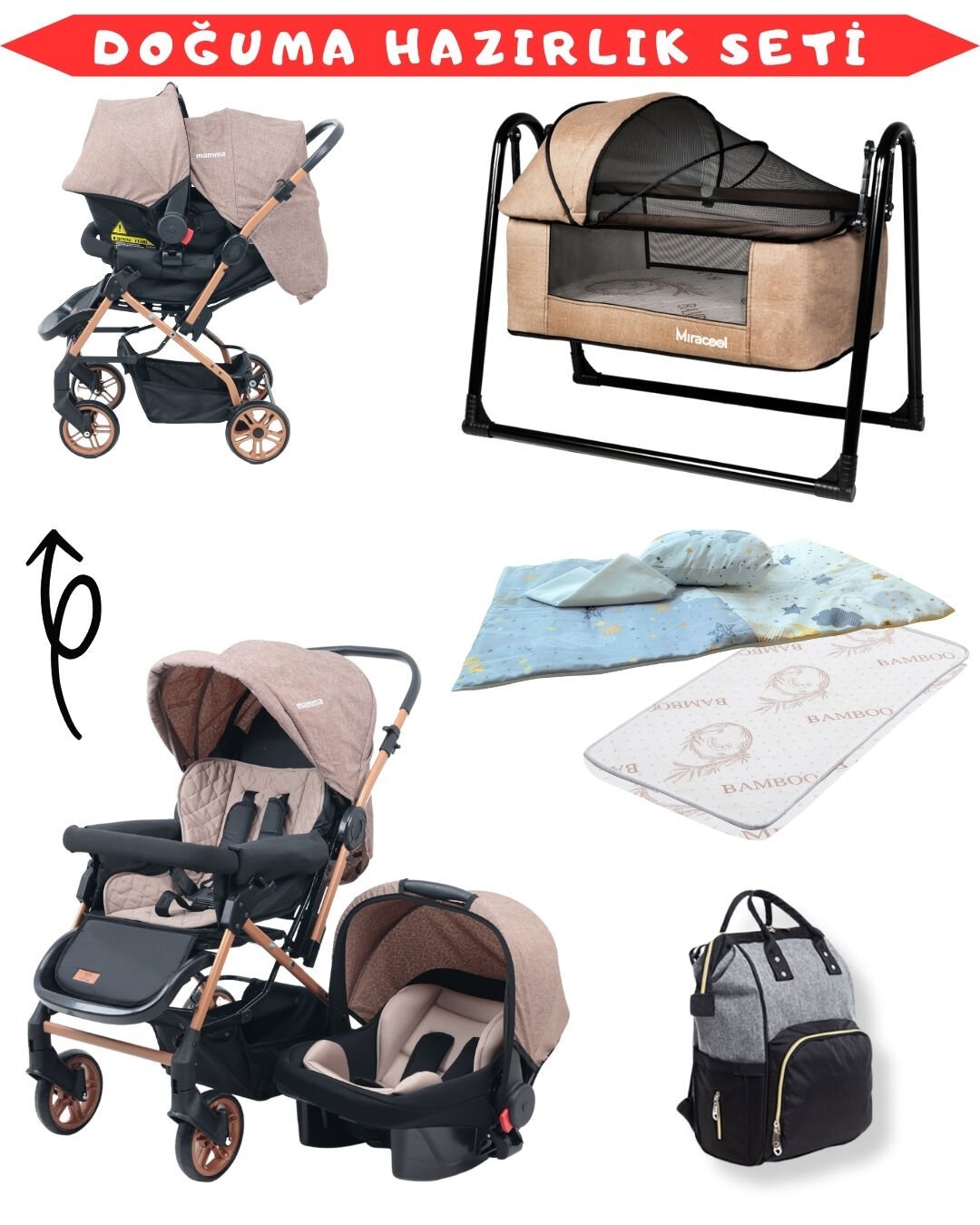 Doğum Hazırlık Seti / Bebek Arabası / Puset / Beşik / Yatak / Çanta / Uyku Seti Gold Kahve