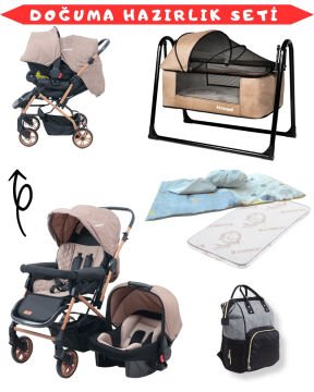 Doğum Hazırlık Seti / Bebek Arabası / Puset / Beşik / Yatak / Çanta / Uyku Seti Gold Kahve