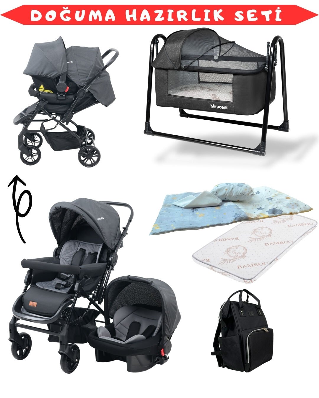 Doğum Hazırlık Seti / Bebek Arabası / Puset / Beşik / Yatak / Çanta / Uyku Seti siyah-siyah
