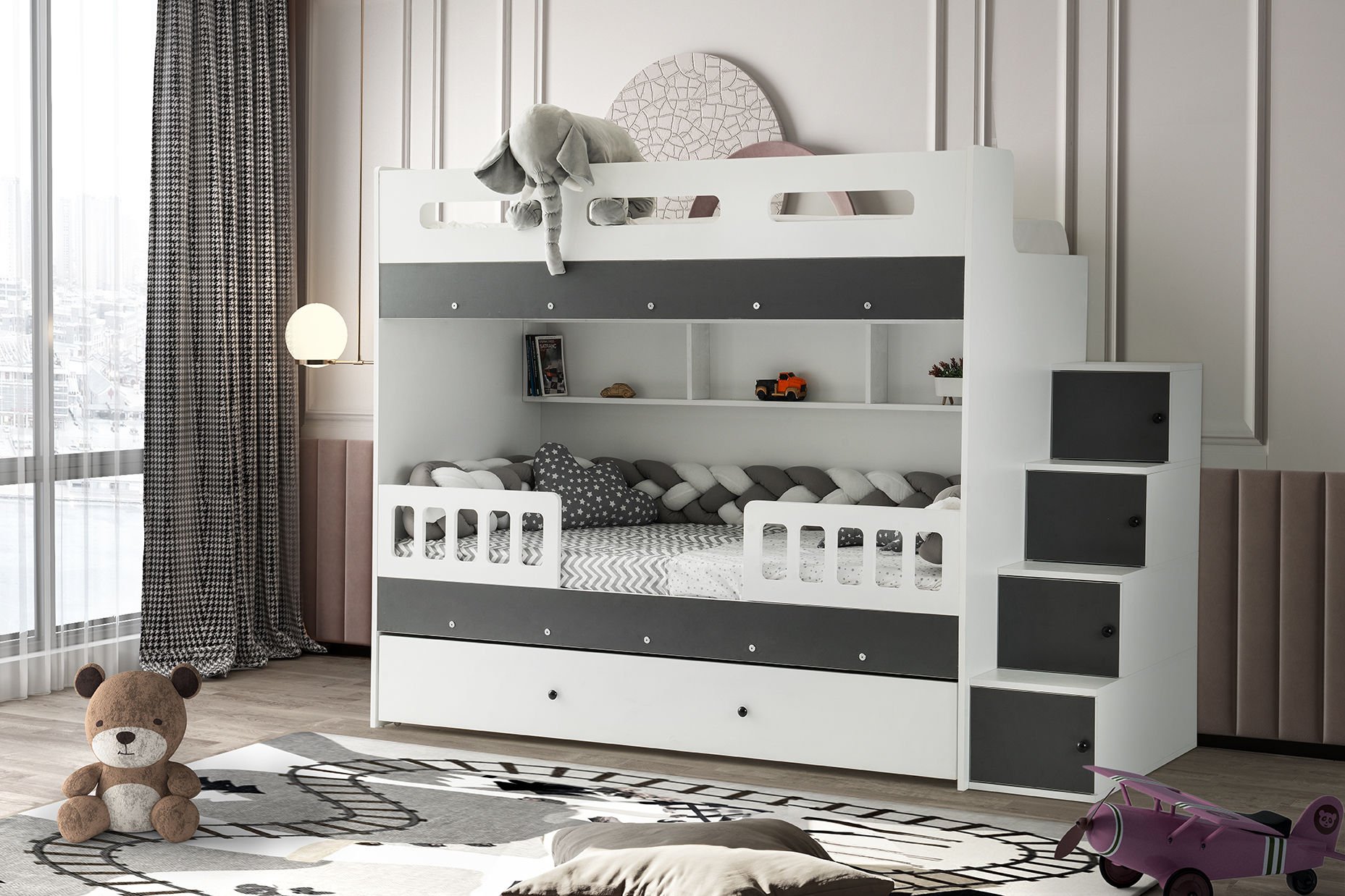 Berlin Ranza / 3 Yatak Bölümü / Beyaz-Antrasit / Komple MDF